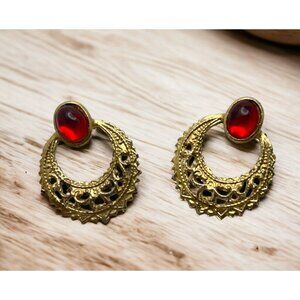 Gold Tone Round Filigree Earrings Vintage Red Bead Accent